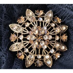 Vintage Liz Claiborne Orange & Brown Floral Burst Gold Tone Brooch